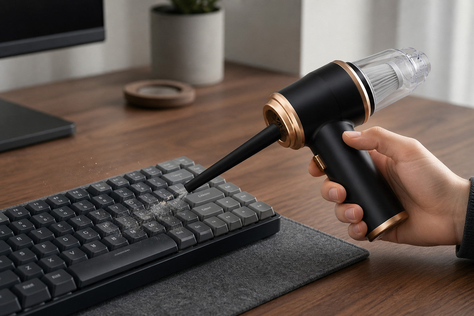 Der Luftstrom des Handstaubsaugers löst Staub zwischen Tastaturtasten
