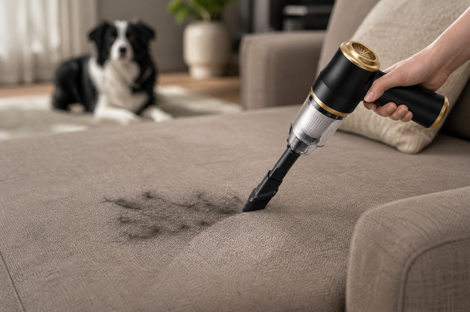 Handstaubsauger nimmt sichtbare Tierhaare von einem Sofa auf