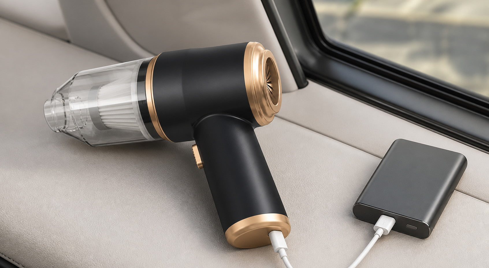 Handstaubsauger wird über ein USB-C-Kabel im Auto geladen